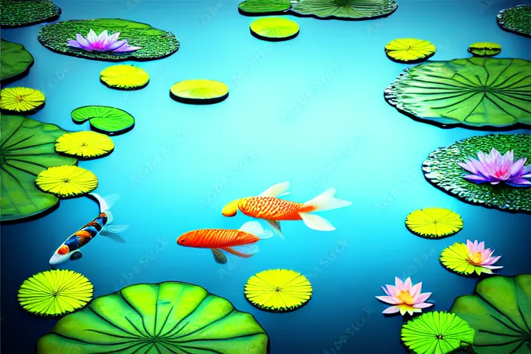 Image similar to aquamarine river, beautiful symmetrical tree of life in the water, large lotus flowers, koi fish, realistic : : super - resolution, 3 d render, intricate and highly detailed, elegant, photorealistic