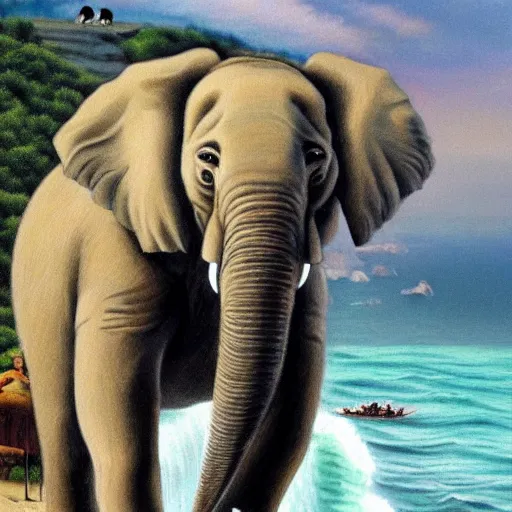 Image similar to close-up of Kim Jong-un riding an elephant on the edge of a cliff by the ocean, realism oil on canvas, 8k, highly detailed, highly intricate,