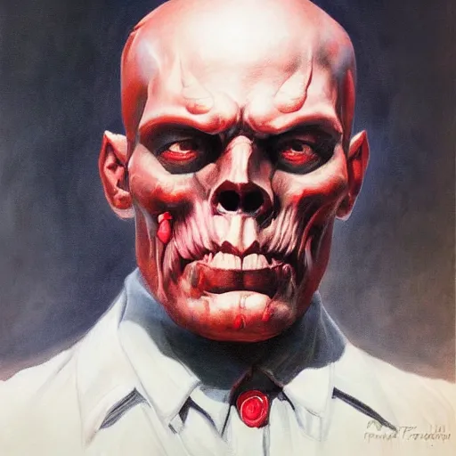 Image similar to ultra realistic portrait painting of red skull vladimir lenin, art by frank frazetta, 4 k, ultra realistic, highly detailed, epic lighting