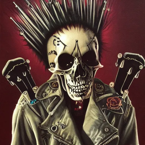 Image similar to a portrait of the grim reaper as a punk rocker, punk, skeleton face, mohawk, dark, fantasy, leather jackets, spiked collars, spiked wristbands, piercings, boots, guitars, motorcycles, ultrafine detailed painting by frank frazetta and vito acconci and takeshi obata, detailed painting