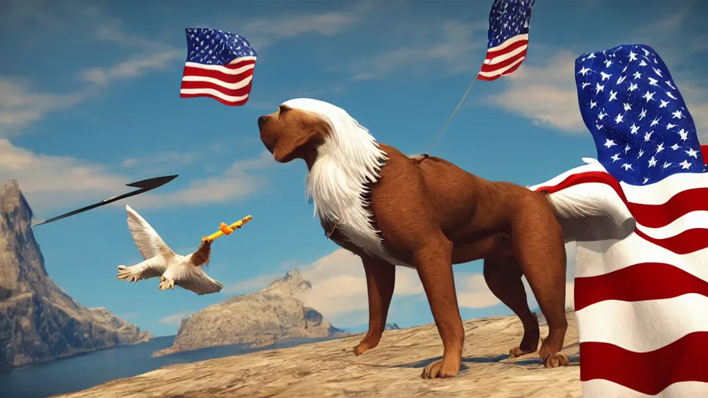 Prompt: a dog with a trident flying with a bald eagle, bald eagle, patriotic, highly detailed, unreal engine