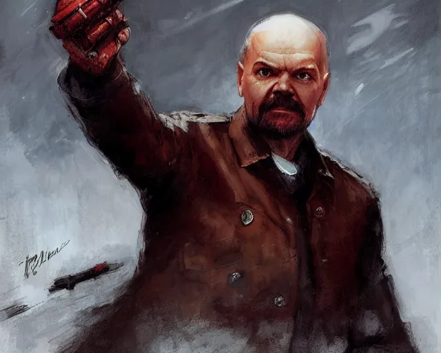 Image similar to portrait vladimir lenin as a doomguy slaying demons, hd shot, digital portrait, beautiful, artstation, comic style, by artgerm, guy denning, jakub rozalski, magali villeneuve and charlie bowater