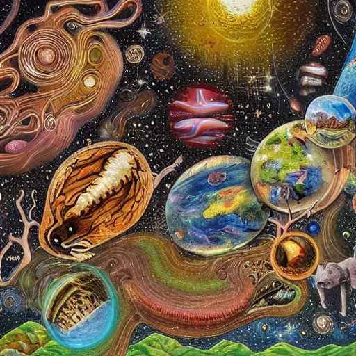 Image similar to artistic depiction of all life forms on earth, summarized in a single painting, highly detailed and complex