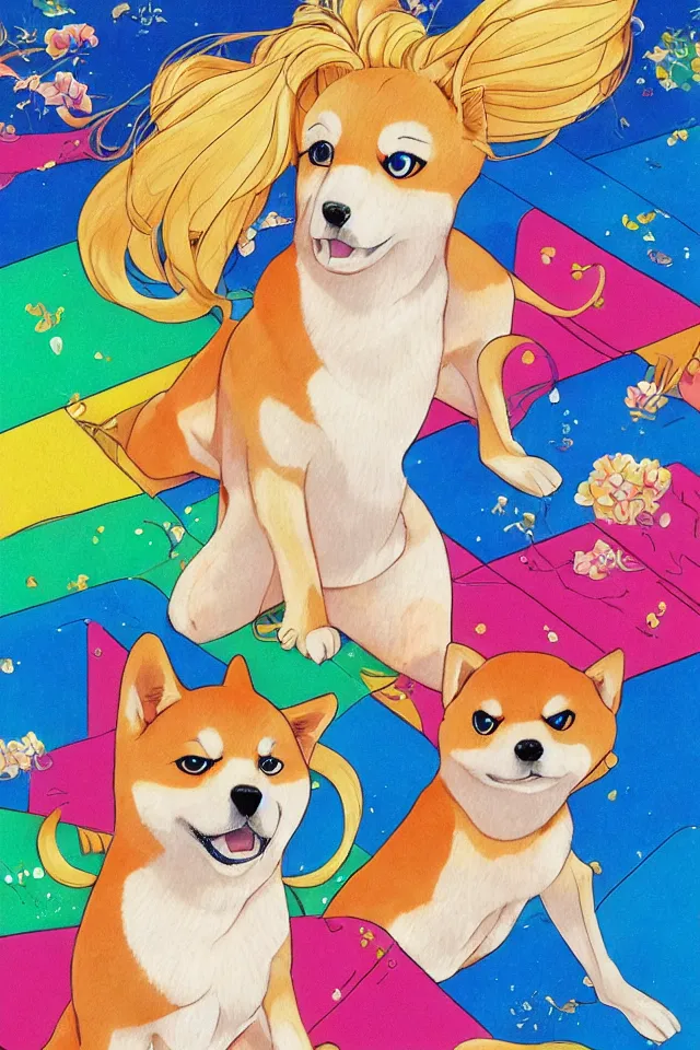 Prompt: a portrait of a shiba inu, in the art style of 8 0 s anime, japanese city pop color palette, highly detailed, naoko takeuchi, hajime yatate