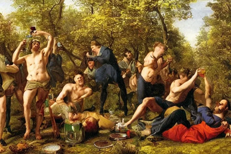 Image similar to mid - thirties guys binge drinking in a forest, in the style of skovgaard