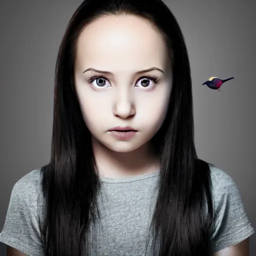 Image similar to photograph of girl with big forehead with square face and small bird beak lips and small round nose and dark black, high detail 8k,