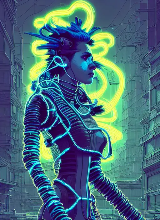 Image similar to highly detailed portrait of wasteland punk long curly neon blue electricity hair tribal lady, stray electric spark wiring by atey ghailan, james gilleard, by joe fenton, by greg rutkowski, by greg tocchini, by kaethe butcher, 4 k resolution, gradient yellow, black and white color scheme!!! ( ( lightning cloudy robotic dystopian city background ) )