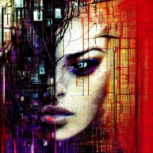 Image similar to portrait of a hooded beautiful women, mysterious, glitch effects over the eyes, shadows, by Guy Denning, by Johannes Itten, by Russ Mills, centered, glitch art, innocent, clear skin, smooth, hacking effects, chromatic, cyberpunk, color blocking, digital art, concept art, abstract