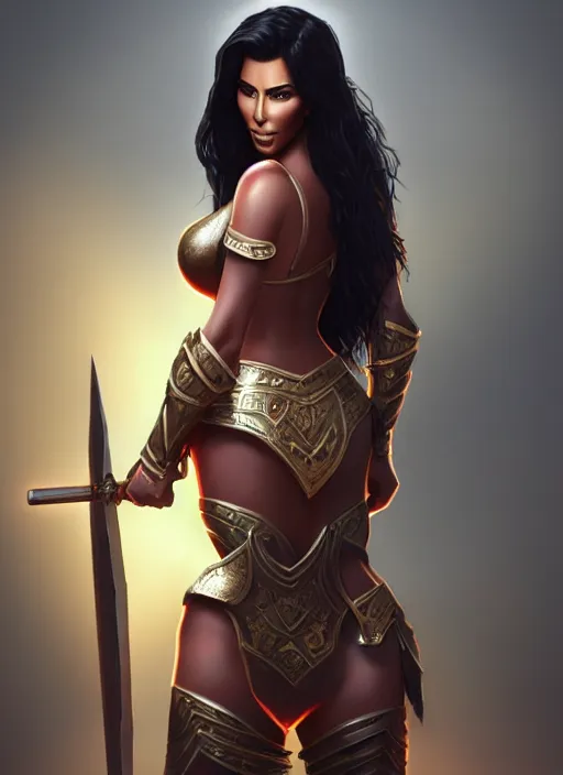 Image similar to kim kardashian as a warrior princess, full body, concept art, rim lighting, stanley lau, detailed, sharp focus, trending on artstation