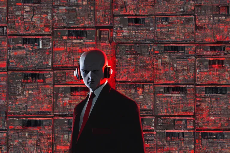 Prompt: an expressive portrait of agent 4 7 from hitman wearing headphones standing in front of a wall of vinyl records, speakers and cables, dark background, red rim light, digital art, artstation, concept art by giger stalenhag