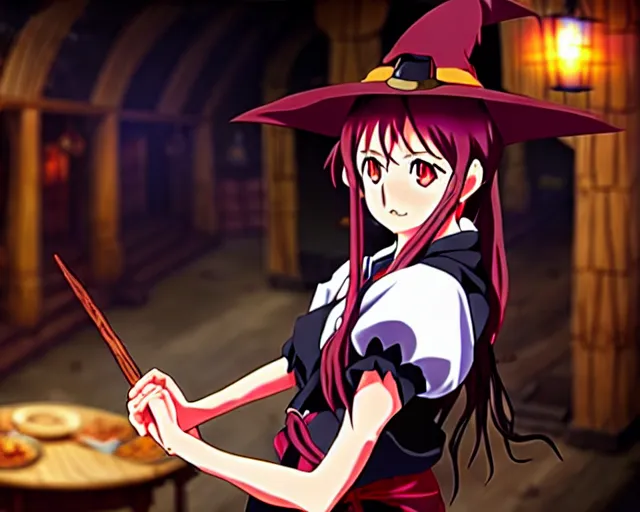 Image similar to key anime visual portrait of a young female witch in a tavern interior defending a companion, dynamic pose, dynamic perspective, cinematic, dramatic lighting.