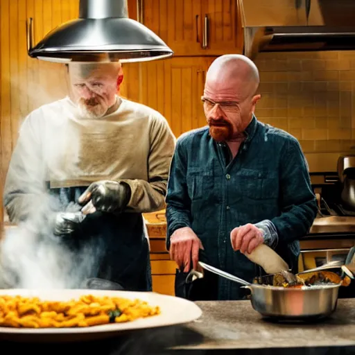 Image similar to walter white and jesse pinkman cooking dinner, high resolution, dslr photo, shot on nikon d 3 2 0 0