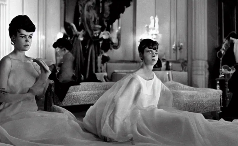 Image similar to a still from last year in marienbad ( 1 9 6 1 ), sharp, very detailed, great quality, french new wave cinema,