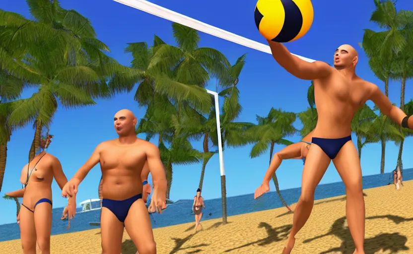 Image similar to pitbull in a speedo playing beach volleyball with a corporate mascot, ps 2 game screenshot