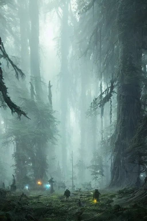 Prompt: A sci-fi forest by Greg Rutkowski, Sung Choi, Mitchell Mohrhauser, Maciej Kuciara, Johnson Ting, Maxim Verehin, Peter Konig, final fantasy , 8k photorealistic, cinematic lighting, HD, high details, atmospheric,