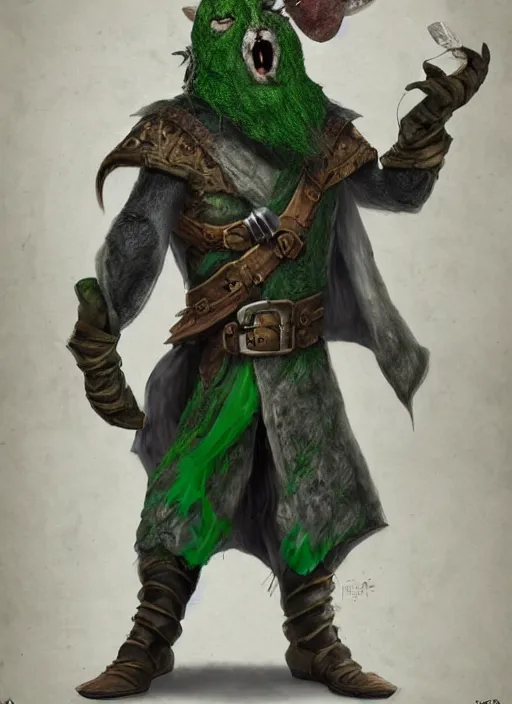 Prompt: rat on two legs with a gray beard, human eyes, pirate hat, green cape, digital art, fantasy, d & d, warhammer, realistic, detailed, dynamic, trending on artstation