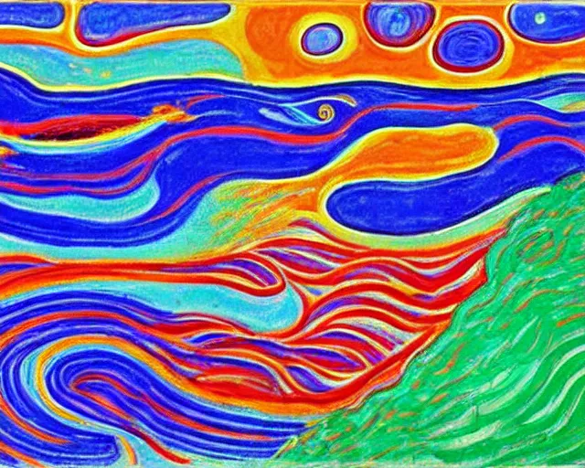 Prompt: Ocean waves in a psychedelic dream world. DMT. Curving rivers. Landscape painting by Edvard Munch. David Hockney. Peter Max.