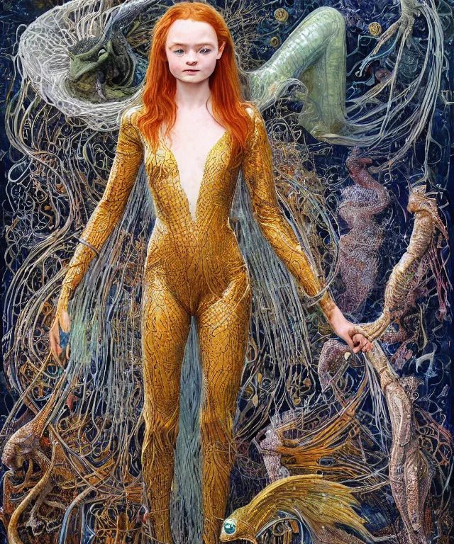 Prompt: a portrait photograph of a dreaming sadie sink as a strong alien harpy queen with amphibian skin. she is dressed in a fiery lace shiny metal slimy organic membrane catsuit and transforming into a insectoid snake bird. by donato giancola, walton ford, ernst haeckel, peter mohrbacher, hr giger. 8 k, cgsociety, fashion editorial