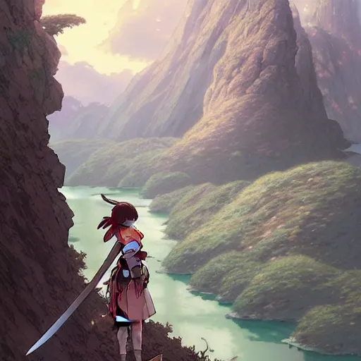 Image similar to the knight and the sword of rose petal, anime, castle core, mountains, rocky roads. by hayao miyazaki and rossdraws and artgerm and greg rutkowski and alphonse mucha and studio ghibli and ilya kuvshinov. high quality, stunning, intricate detailed environment. 8 k