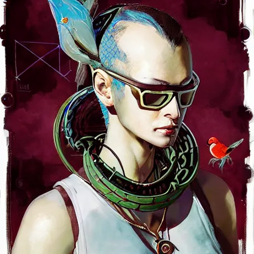 Prompt: portrait of the naive cyberpunk philosopher Sophia Aeon wearing a bird-ouroboros-infinity-auryn jewelry, by Yoji Shinkawa, Esao Andrews and Raoul Ruiz