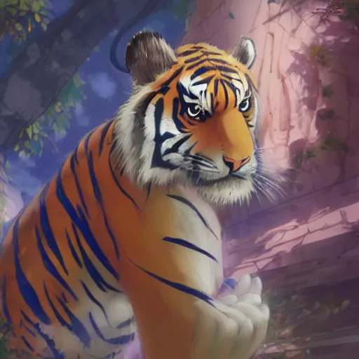 Image similar to a tiger wearing a dress, illustration concept art anime key visual trending pixiv fanbox by wlop and greg rutkowski and makoto shinkai and studio ghibli and kyoto animation symmetrical facial features