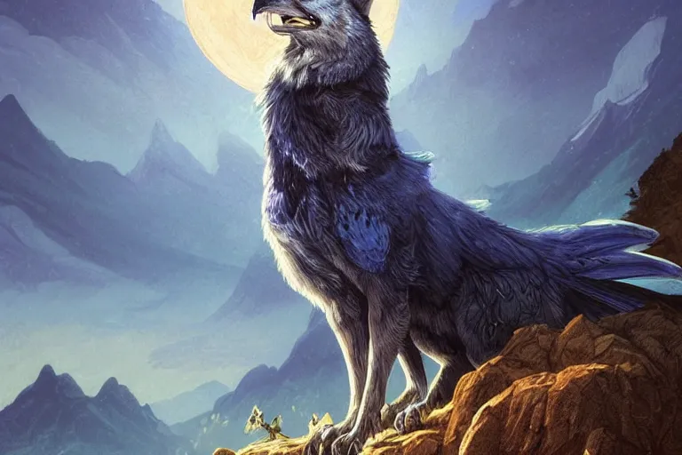 Image similar to Blue feathered wolf with wings on a beautiful fantasy landscape, hills, mountains, moonlit, HD, illustration, epic, D&D, fantasy, intricate, elegant, highly detailed, digital painting, artstation, concept art, smooth, sharp focus, illustration, art by artgerm and greg rutkowski and alphonse mucha