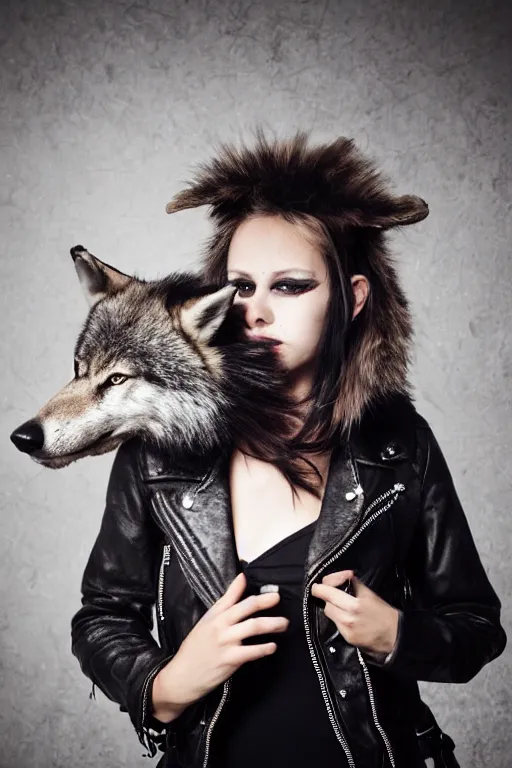 Image similar to photographic portrait of a punk girl in a leather jacket wearing a wolf's head over her face, fashion shoot, cool girl with wolf on her head