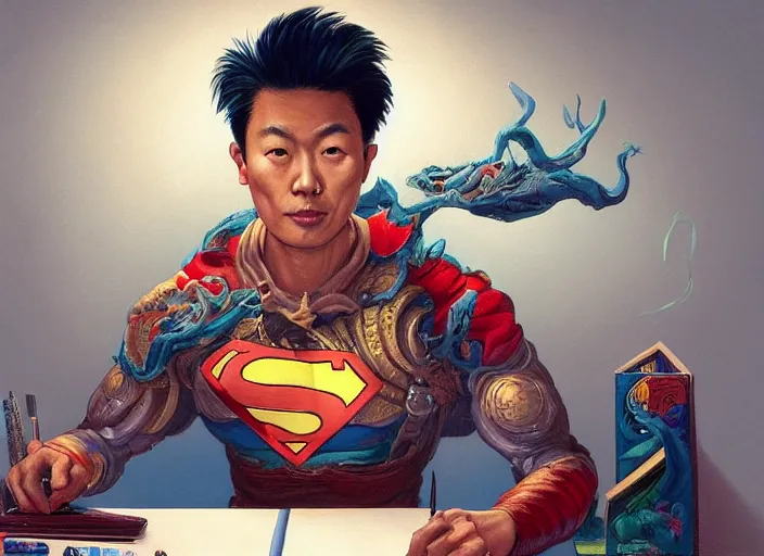 Image similar to an insanely detailed painting of an asian man wearing a homemade superhero costume, sitting at a desk, staring seriously at the computer and typing, in the style of peter mohrbacher, james jean, artgerm, dramatic lighting and composition, surreal background, octane render, pixar, trending on artstation, concept art, comic book, view from behind, 8 k