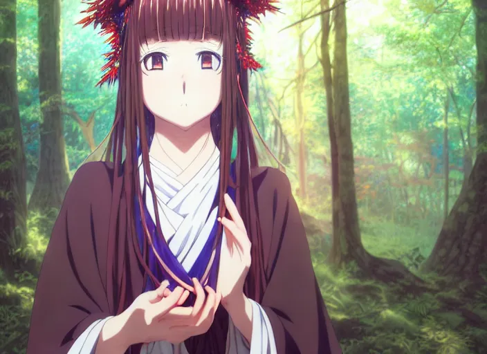 Prompt: anime portrait of the priestess in the forest, Karolis Strautniekas,omoide emanon, tsuruta kenji, murata range,kawaii, kyoto animation, manga,katsura masakazu, intricate, detailed, studio lighting, gradation,editorial illustration, matte print, Ilya Kuvshinov