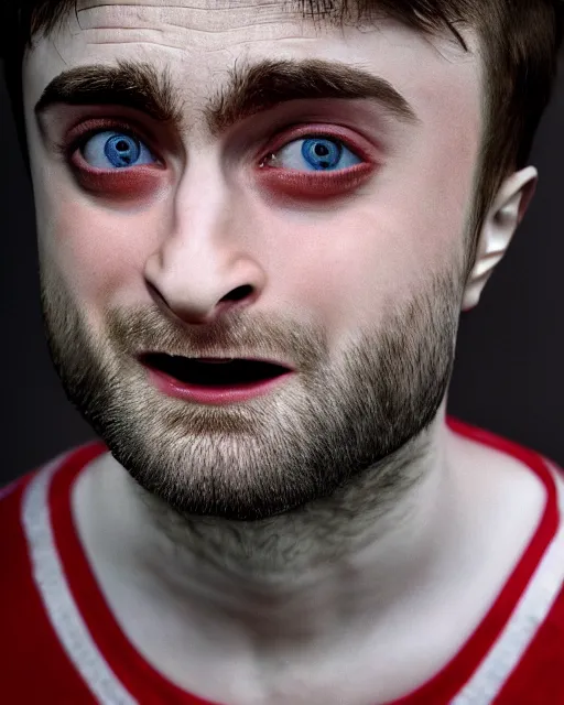 Image similar to prison mugshot of daniel radcliffe with protruding bulging eyes, bright flash, guinness book of world records, low saturation, crazy facial expression, rugged textured face, soft vignette, soft focus, 5 0 mm, 4 k, nypd