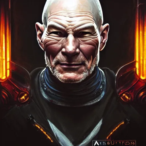 Image similar to portrait painting of a cyberpunk ork doctor muscular patrick stewart with fangs and tusks, ultra realistic, concept art, intricate details, eerie, highly detailed, photorealistic, octane render, 8 k, unreal engine. art by artgerm and greg rutkowski and charlie bowater and magali villeneuve and alphonse mucha