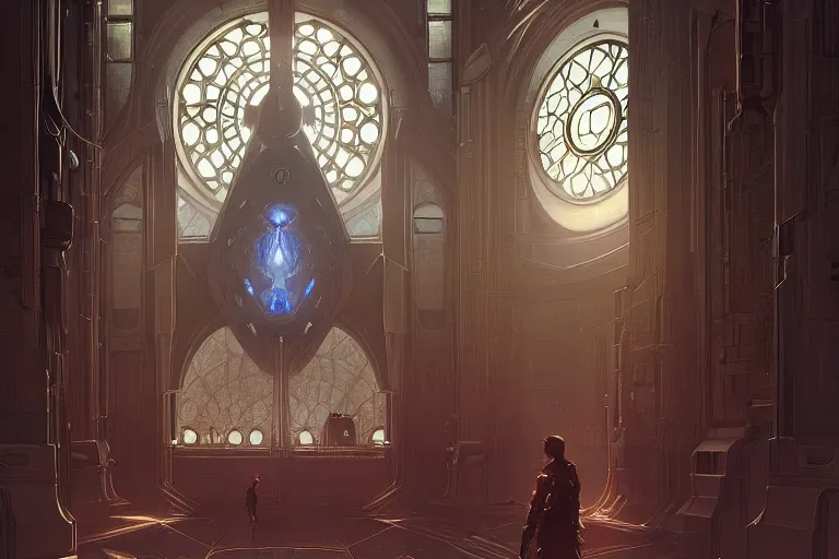 Image similar to a cybernetic room, scifi religious giant window, symmetrical, center punched, Archviz, elegant, intricate, digital painting, artstation, concept art, smooth, sharp focus, illustration, art by artgerm and greg rutkowski and alphonse mucha