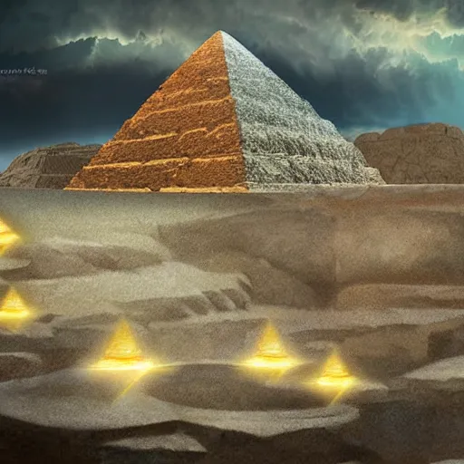 Image similar to Zues guarding the pyramid of Cheops, dessert, ancient world, realistic, god, dramatic lightning, very detailed, concept art,