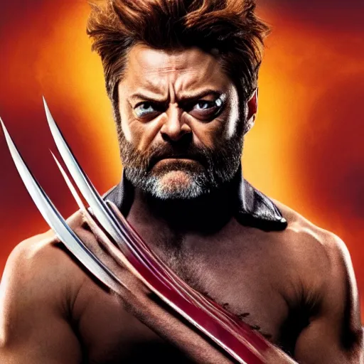 Prompt: x - men's wolverine played by nick offerman, photorealistic logan marvel movie still, detailed 8 k, poster style, high resolution