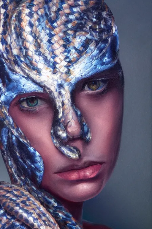 Image similar to hyperrealism oil painting, close - up portrait of face from a tangle of snakes fashion model, knight, steel gradient mixed with nebula sky, in style of baroque