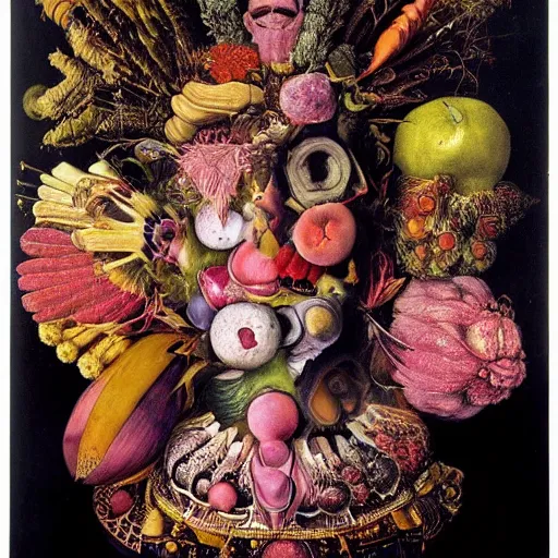 Image similar to album cover, new age, black, white, pink, psychedelic, space, giuseppe arcimboldo