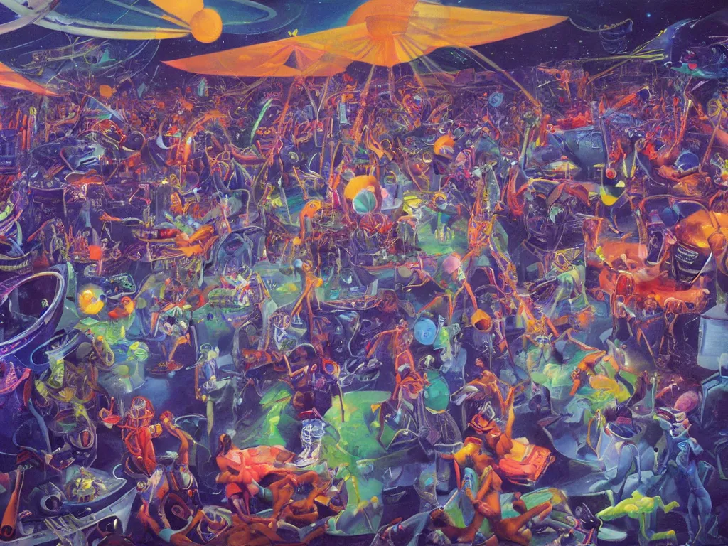 Prompt: A massive rave on the Neptune space colony, Peter Blume oil painting