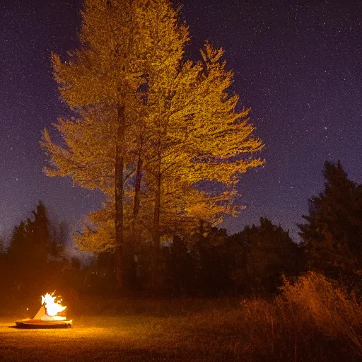 Image similar to a photo of a nighttime scene with a fire illuminating the trees