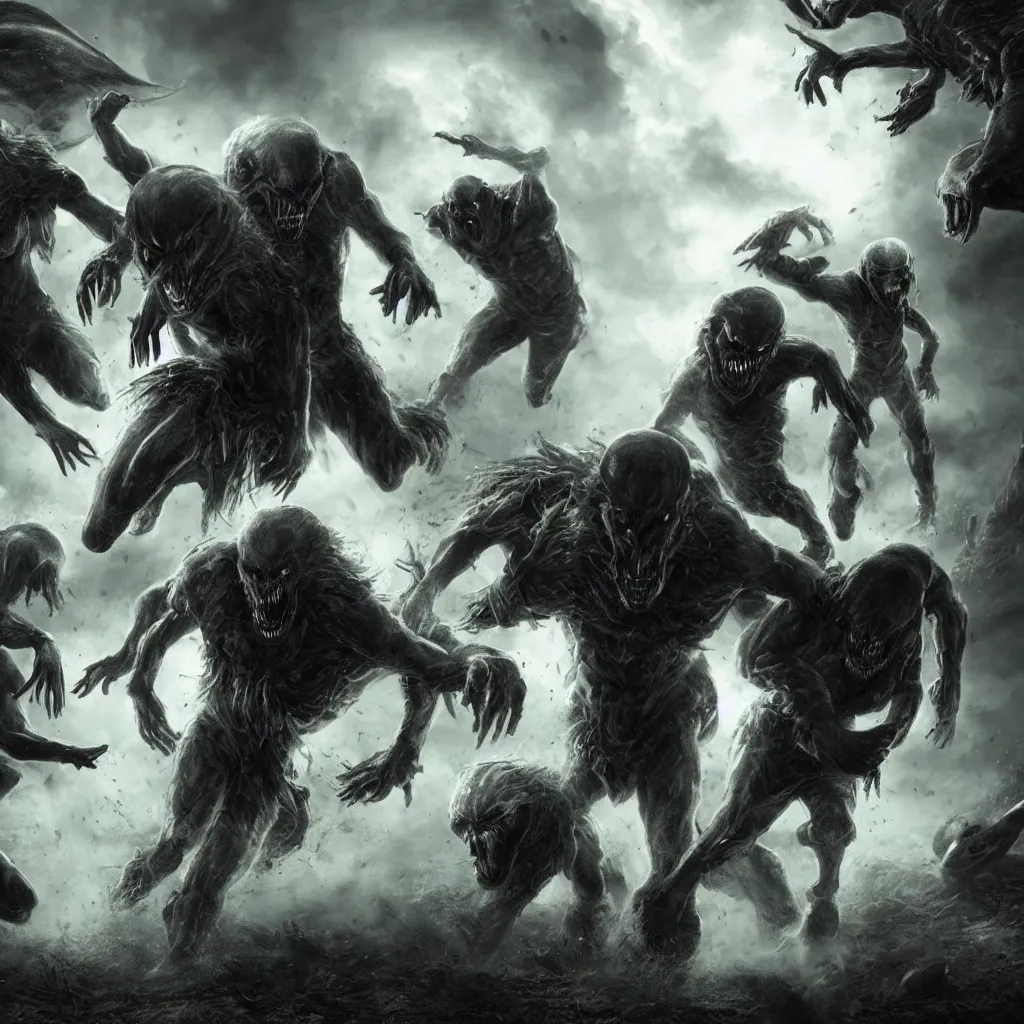 Image similar to ghosts, aliens, werewolf and vampires playing together, photorealistic, hd