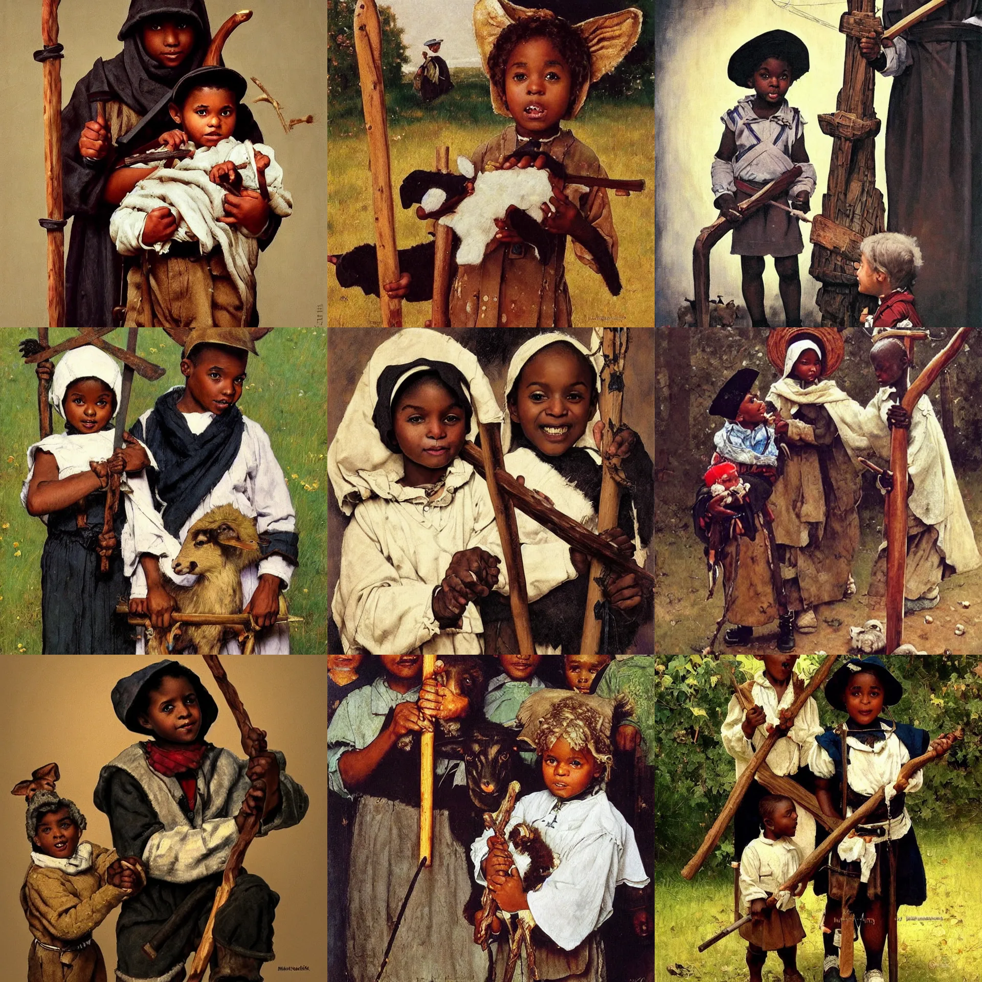 Prompt: black child dressed as shepherd for a nativity play holding a shepherd's crook, exaggerated realism, painting by norman rockwell, trending on artstation, amazing details