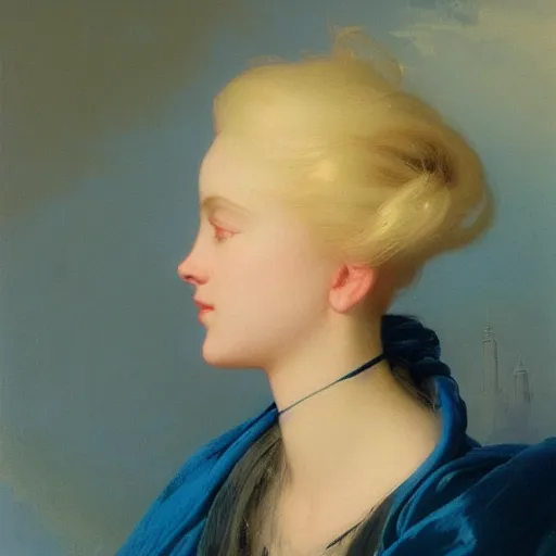 Image similar to a young woman's face, her hair is white and she wears an indigo blue satin cloak, by ivan aivazovsky and syd mead and moebius and gaston bussiere and roger dean and pieter claesz and paul delaroche and alma tadema and aelbert cuyp and mort kunstler, hyperrealistic, volumetric light, octane render