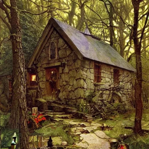 Prompt: witch cottage in the forest, art by norman rockwell and donato giancola and greg rutkowski, vintage art, realistic