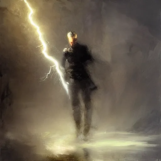 Prompt: knight holds lightning in his hand sparks everywhere, realistic, ultrahd, jeremy mann painting