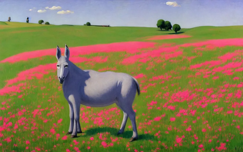 Prompt: a gray donkey on a pink flower meadow, blue sky, sun, high quality, edward hopper