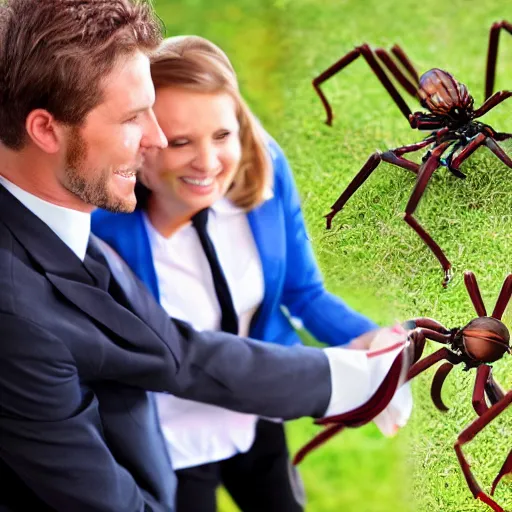 Image similar to Photostock of a soccermom happily married to a giant tarentula. The giant tarentula looks very corporate, wears a tie and weave a web around his wife.