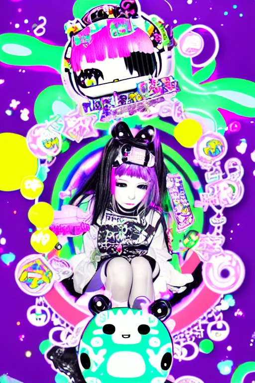 Image similar to cybergoth decora glitchcore yokai girl, sanrio tamagotchi moe ornaments, pastel cute cinematography