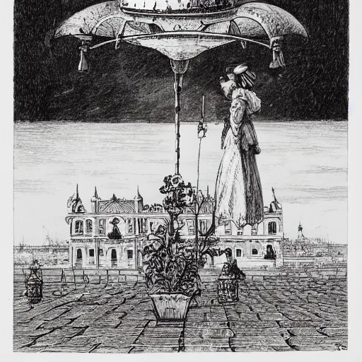 Prompt: luminus victorian hovering port sphere canary phantasm veranda flower, by alejandro jodorowsky and francois de nome and jakub rozalski, dutch golden age, an ink drawing, 8 k