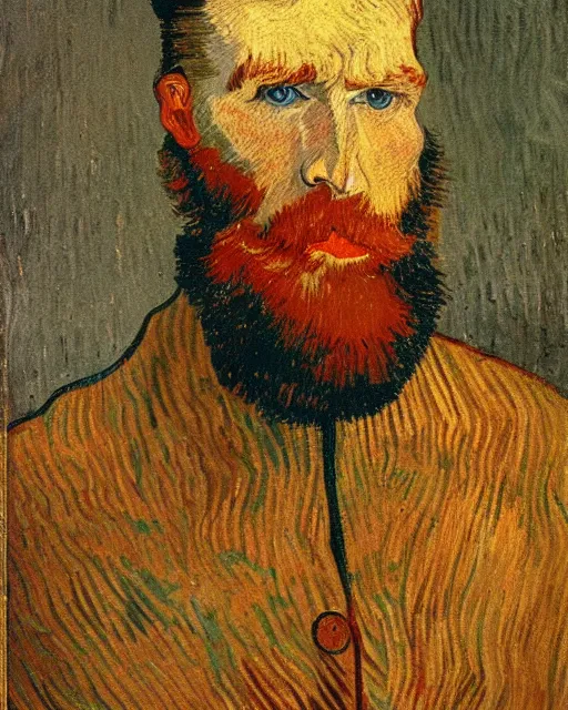 Prompt: An oil painting of a red headed man in his thirties, short beard, trimmed hair, by van gogh, very detailed