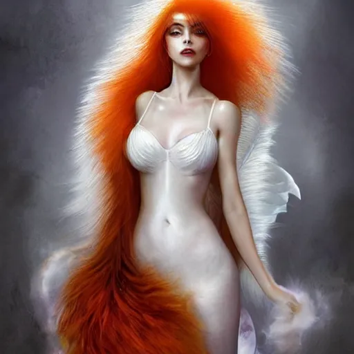 Prompt: prompt A beautiful head of a white red orange fox goddess, translucent silky dress made of peacock tails, a bra made of peacock feathers, close up front view, long hair in the shape of clumpy fox tails, backlit, concept art, matte painting, trending on artstatioin, by Peter Mohrbacher