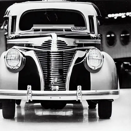 Prompt: photo of a 1 9 3 6 chrysler airstream at an auto show